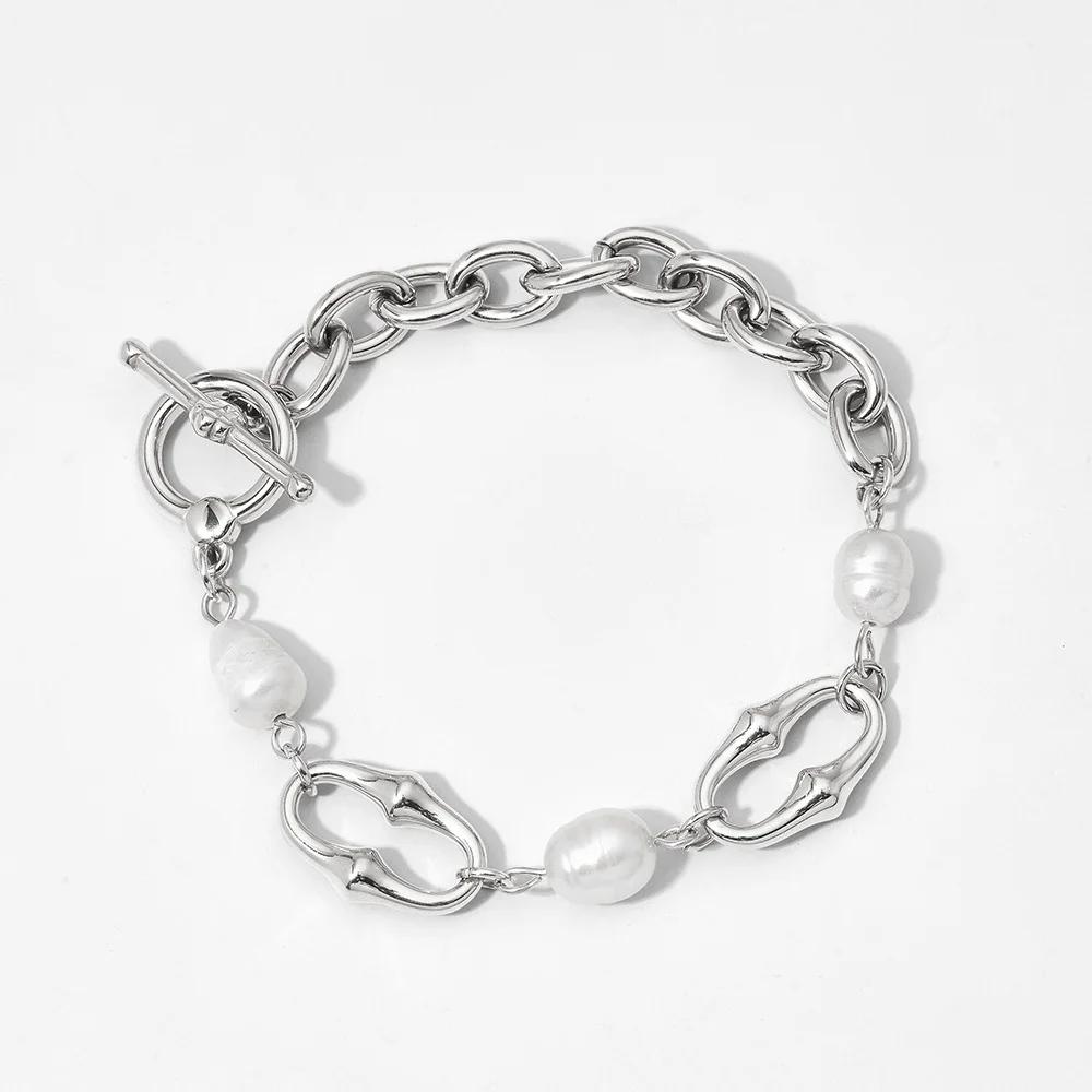 

INS Hot-selling Stainless Steel Gold-plated Necklace Bracelet Set New Natural Freshwater Pearl Splicing OT Buckle Jewelry Set