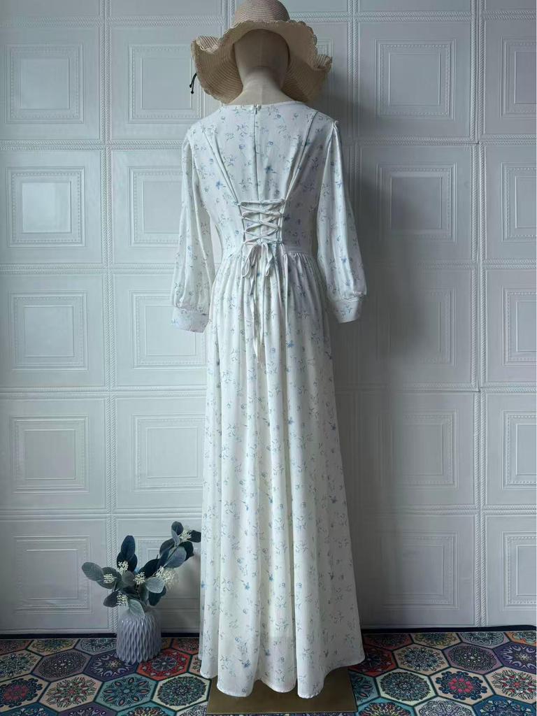 2025 Floral Fairy Intellectual Style Waist-Hugging Square Neck Tie-Up Long Dress