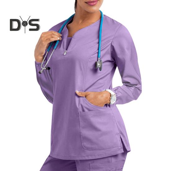 

Топ-униформа медсестры с 4 карманами, застежкой-молнией, полузастежкой, длинными рукавами, боковыми разрезами, свободным кроем, рабочая одежда для медсестры L светло-фиолетовый