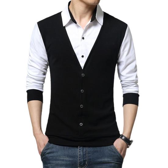 Maglia a maniche lunghe Patchwork Colorata da uomo Finto due pezzi Slim con colletto rovesciato Pullover per l'uso quotidiano