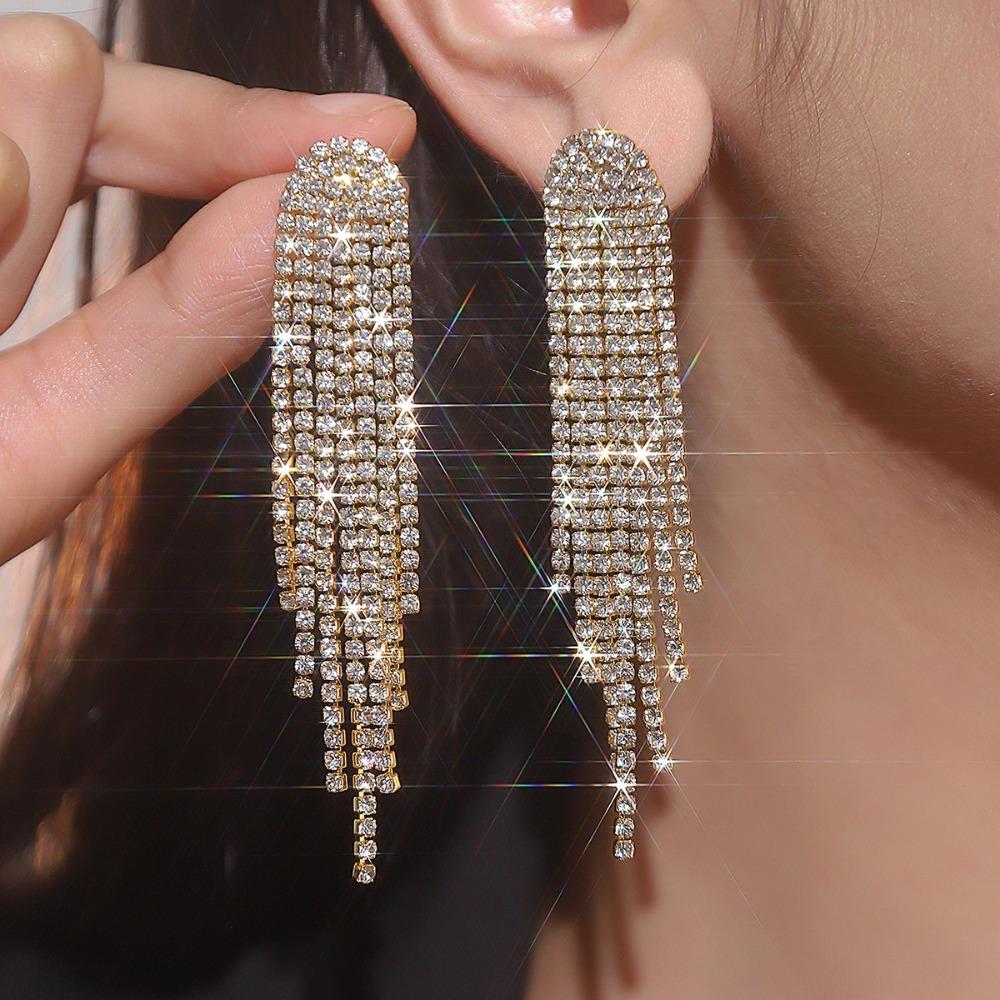 Rhinestones Long Fringe Earrings Sparkly Women Accessories Dangle Chain Stud Earrings Tassel Earrings Evening Wear