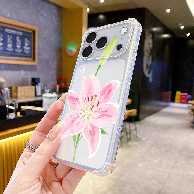 Explosive simple pink flower Apple 15promax mobile phone case iPhone17 high-end transparent soft case