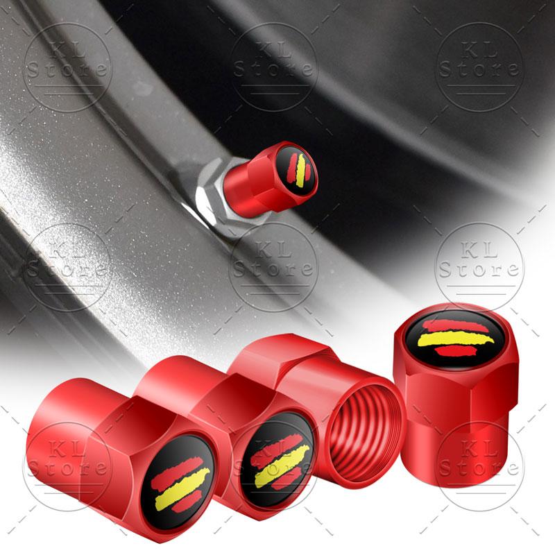 Creative 4Pcs Spain Flag Symbol Emblem Car Wheel Tire Air Valve Cap Stem Covers For Car Bicycle Motorcycle Universal Accessories