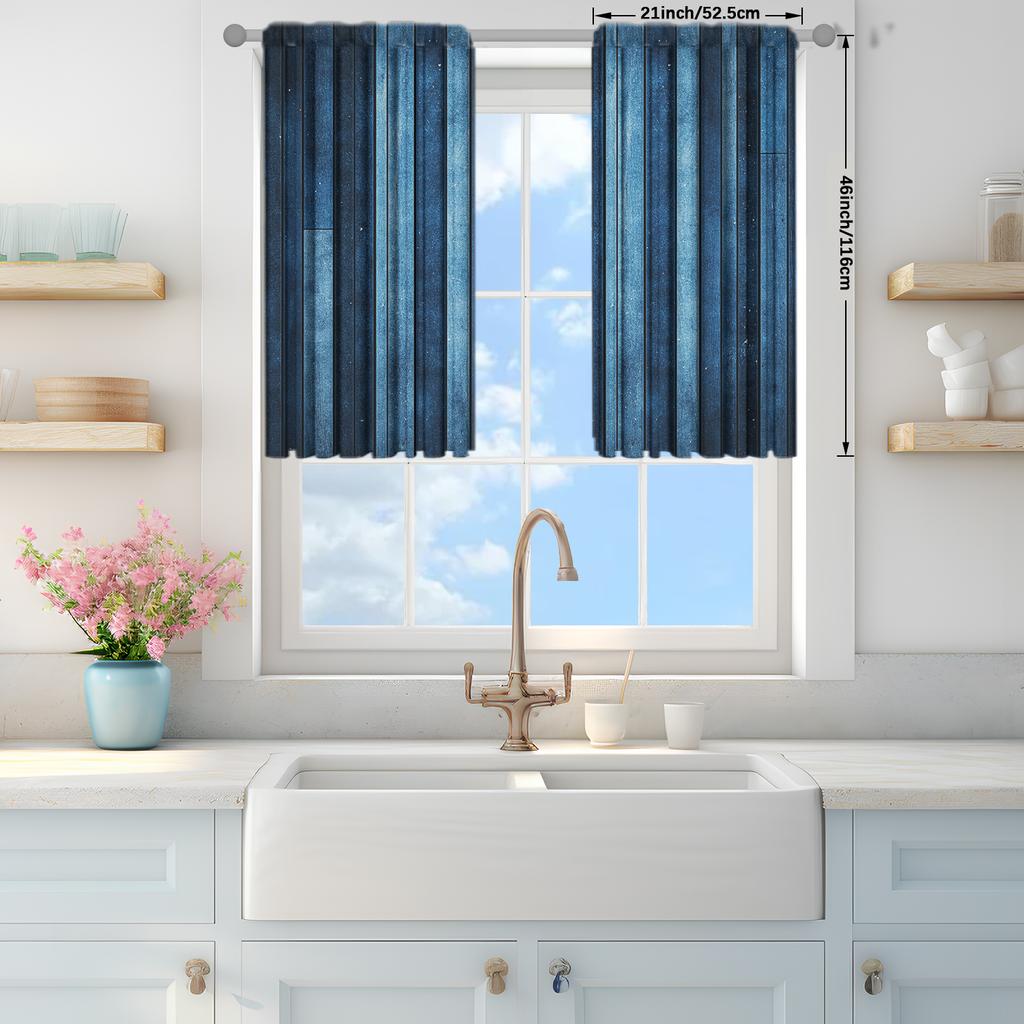 2pcs American Retro Style Blue Wood Grain Printed Curtain for Home Decor - Rod Pocket Window Treatment for Bedroom Office