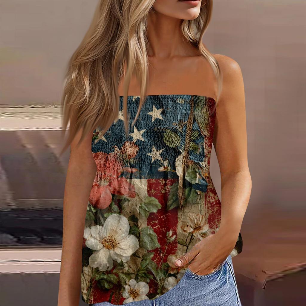 Women's Fashionable Sexy Backless Elastic Independence Day Print Bandeau Top