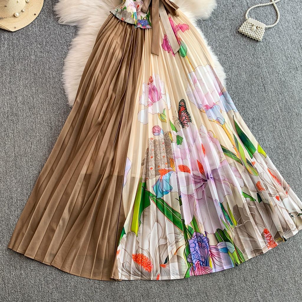 Summer Women Casual Plus Size Miyake Folds Print Beading Lace-up Oversize Loose Long Maxi Pleated Dresses