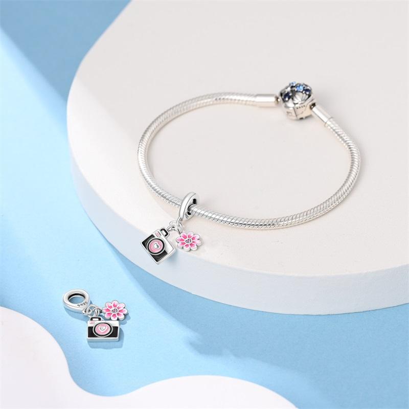 Original Copper Charms Luxury Black Camera Pink Flower Pendant Beads Fit Bracelet Diy Women Making Delicate Gift