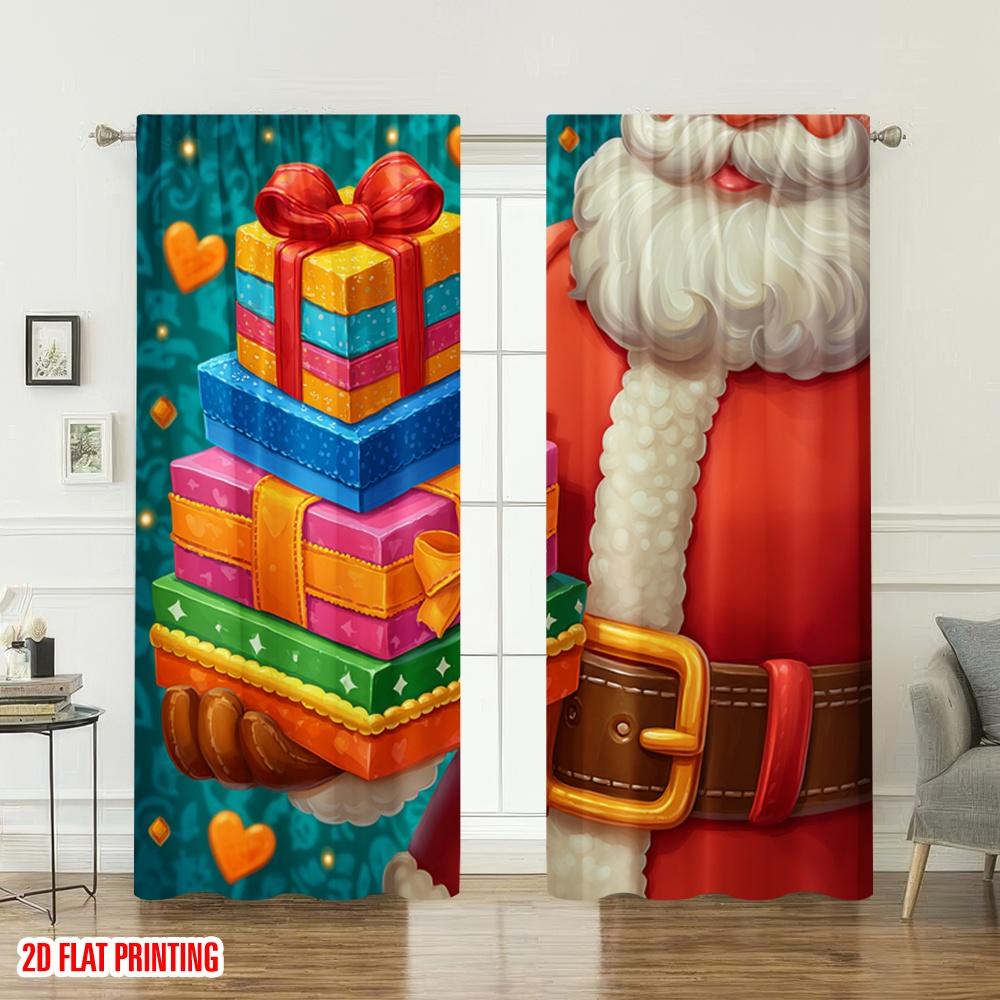 Set Of 2 Flat Printing Christmas Curtains Santa Gifts Holiday Digital Printed Polyester Drapes Family Party Decoration Curtain Made