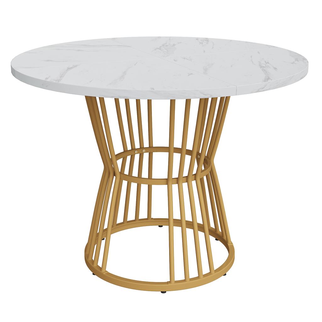Esstischset (5-teilig) mit 4 Stühlen, runder Küchentisch mit 100 cm Durchmesser und goldfarbenen Metallbeinen, weiße MDF-Tischplatte, schwarze Samtstühle