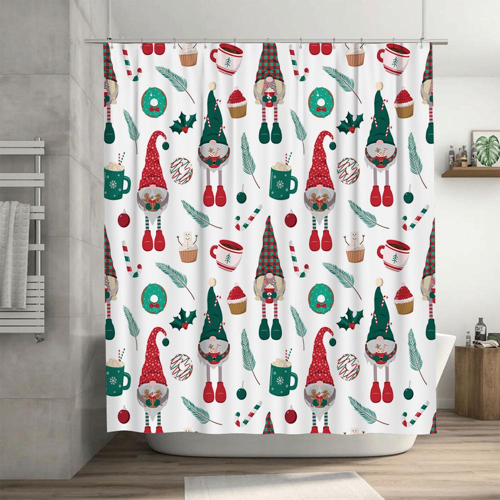 Christmas Decor Shower Curtain Fabric Bathroom Set Gnomes, Cupcakes Donuts Festive Print Waterproof Bath Liner Red Green White (