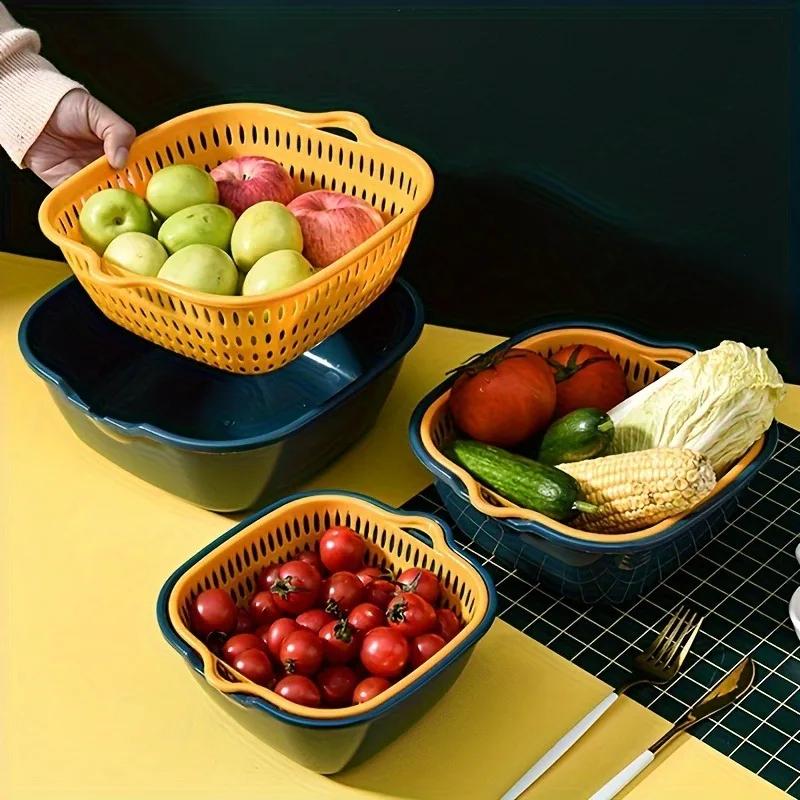 2/6/8PC Nestable Double-Layer Drain Basket Set - Durable Plastic Strainers for Efficient Fruit and Vegetable Washing - Kitchen M