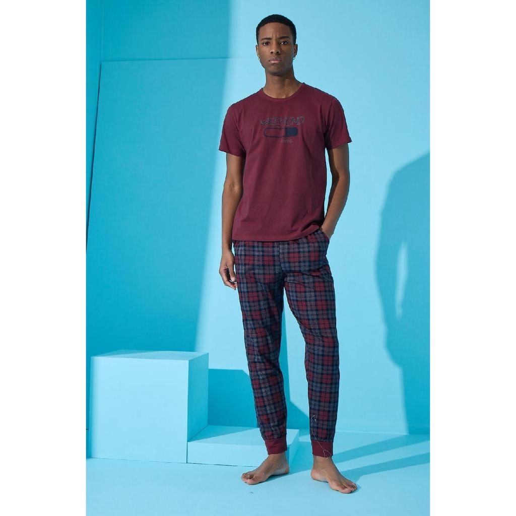 Marineblaues kurzärmliges Herren-Pyjama-Set mit Wochenend-Print