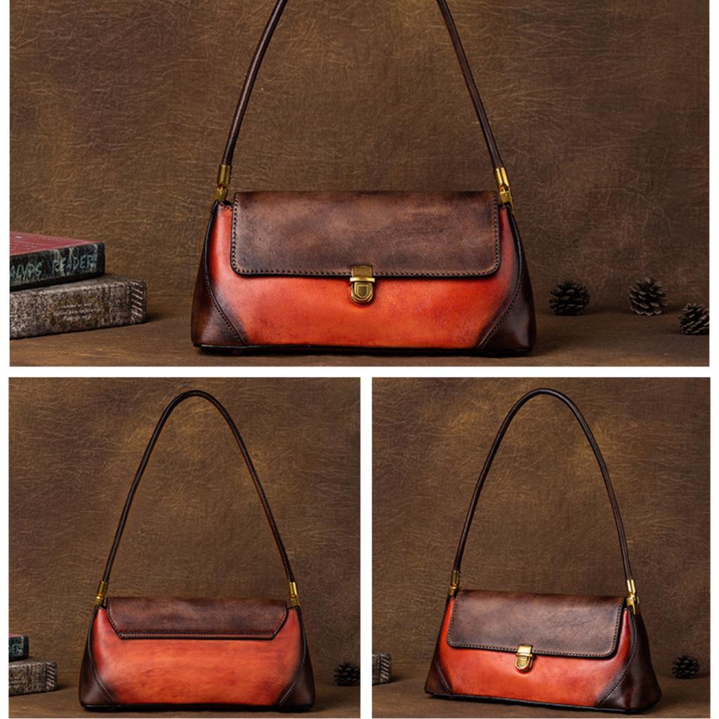 Underarm Baotou Layer Leather Countercolor Handbag Retro Simple Baguette Bag Retro Women's Bag