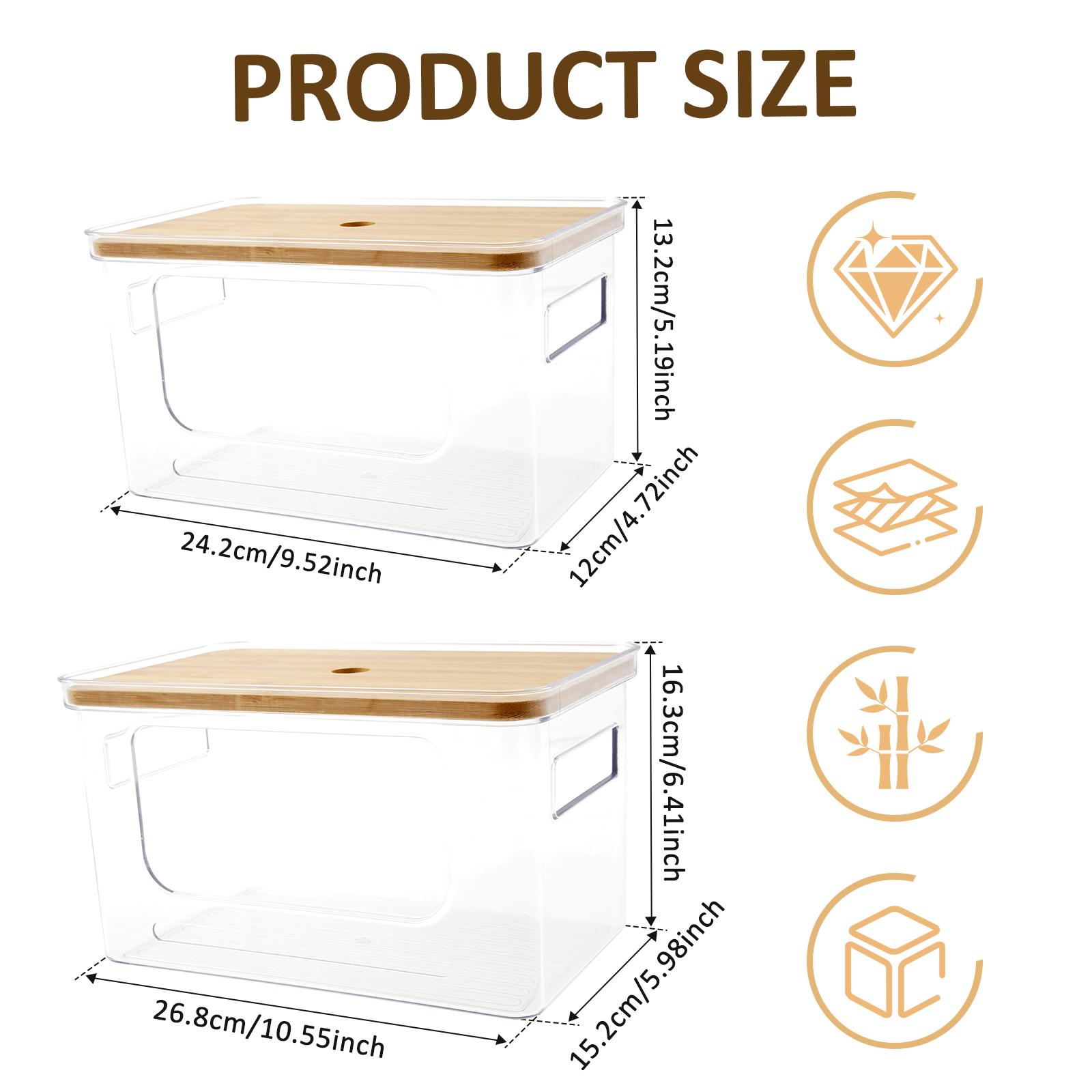 

2 Pcs Transparent Trash Bag Holder with Bamboo Lid Large Capacity Laundry Room Storage Box Stackable Clear Kitchen Organizer
