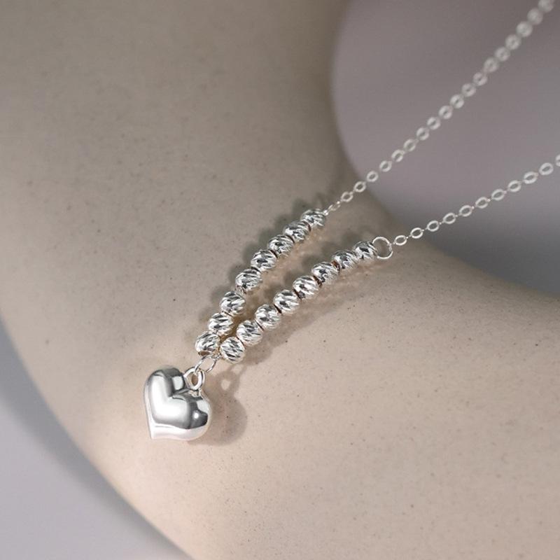 S925 Sterling Silver Heart Bead Necklace - Korean Style Clavicle Chain for Women 925 Silver серебряный