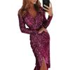 Women Sexy Gold Foil V Neck Long Sleeve Slit Bodycon Midi Evening Party Dress