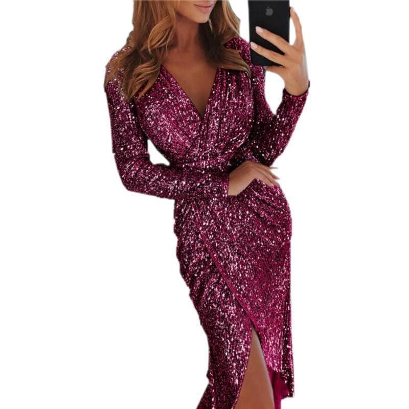 Women Sexy Gold Foil V Neck Long Sleeve Slit Bodycon Midi Evening Party Dress