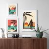 Plajă abstractă, bărbat, fată, surf, flamingo, artă de perete, pictură pe pânză, postere și imprimeuri nordice, poze de perete pentru decorarea camerei de zi, fără cadru