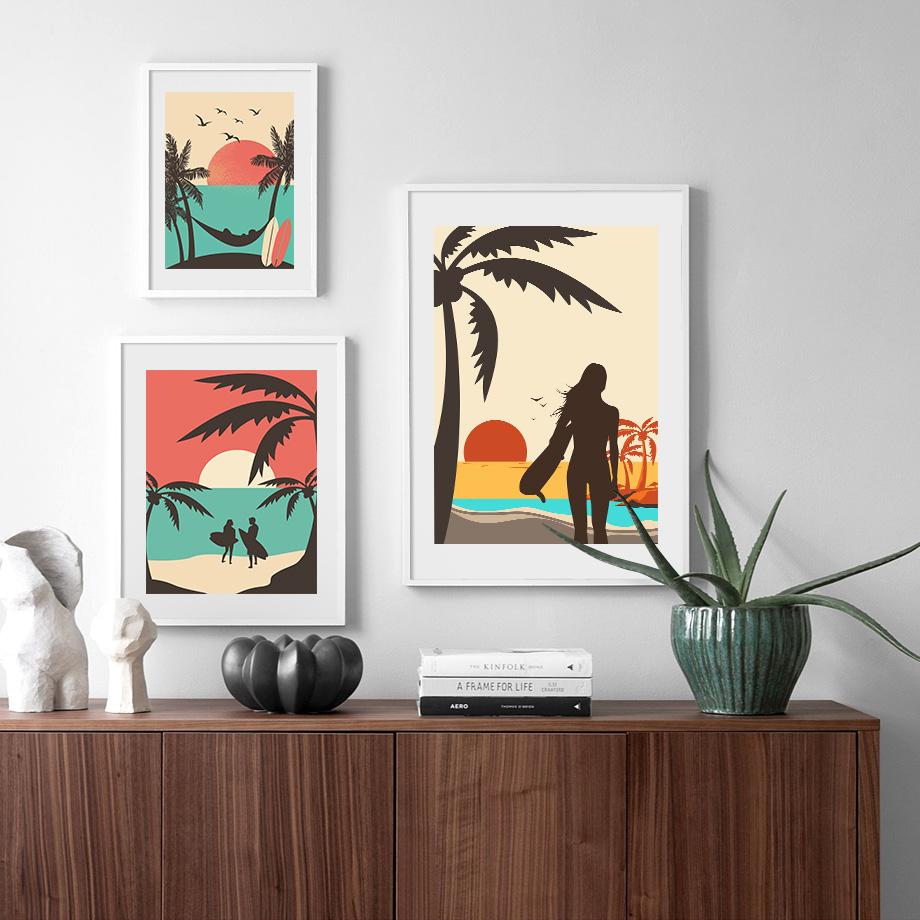 Abstrait plage homme fille Surf Flamingo mur Art toile peinture nordique affiches et impressions photos murales pour salon décor sans cadre