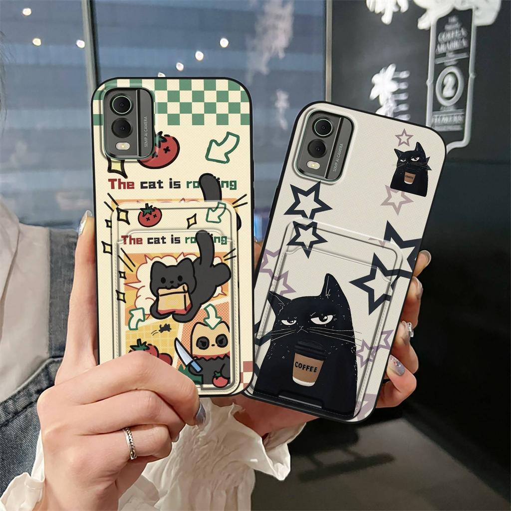 Cute Cover Phone Case For Nokia C32 Soft Case Card Slot Card Sleeve Back Cover Silicone Card Bag Anti-dust Graffiti TPU