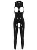 Catsuit en cuir verni brillant pour femmes, bonnets ouverts, body sans entrejambe, col montant, sans manches, slim, Clubwear