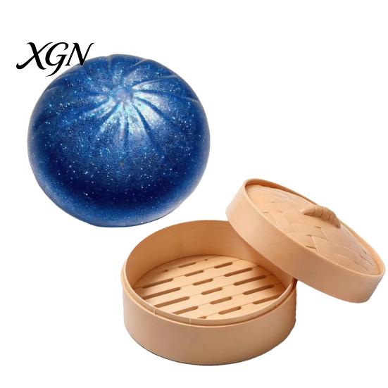 Stress Ball Fidget Toy Glitter Dumpling Squeeze with Steamer Box, Relief Dough TPR Toy, Soft Simulated Steamed Bun