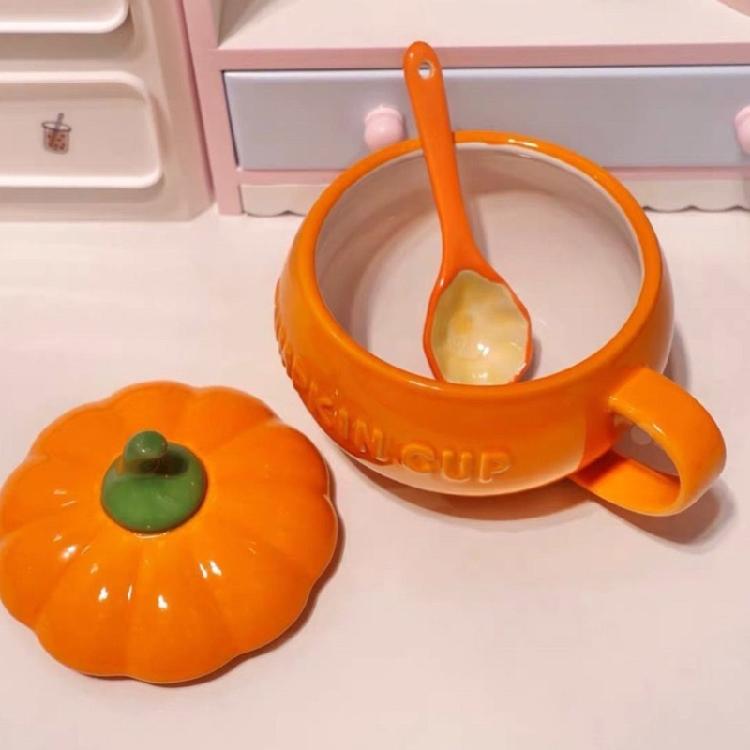 Ceramic Pumpkin Shape Mug With Lid Coffee Cup Halloween Dinnerware Perfect For Autumn Drink Decoration