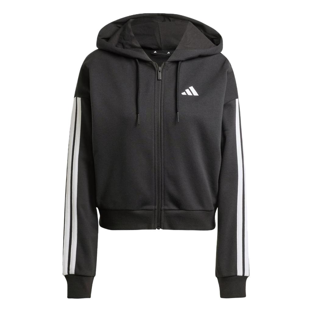 adidas Women's Black Cropped Essentials 3-Stripes French Terry Full-Zip Hoodie JE0052