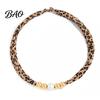 Autumn Winter Fashion Accessory Leopard Print Scarf Choker, Fabric Necklace with Faux Pearl Metallic Beads, Elegant Adjustable Velvet Choker