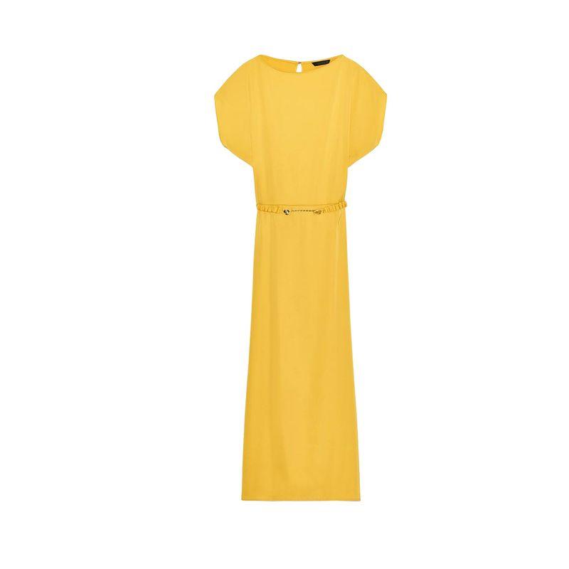 

Autumn Women clothes Pleat Decorative Word Collar Short sleeve With Belt Silk Satin Texture Midi Dress 8747511 Mustard L