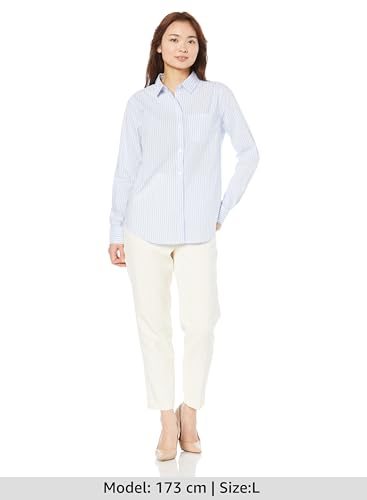 Amazon Essentials Women's Regular Fit Long Sleeve Poplin Shirt, French Blue with White Stripes, Size 2XL