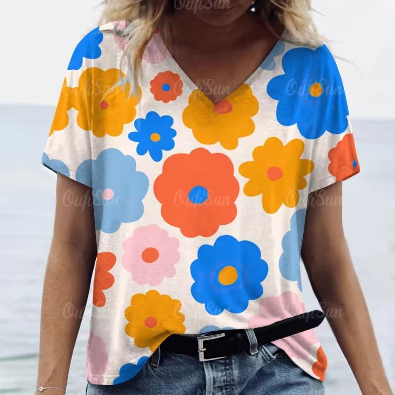 New Floral Print T-shirt for Women Summer V-Neck Casual Short Sleeve Tees Female Loose Streetwear Fashion Daily Clothing Tops Oversized Ladies Tops
