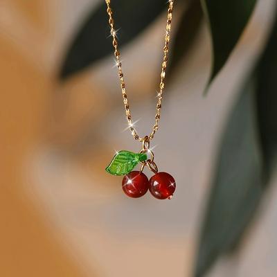Stainless Steel Plated Cute Red Cherry Fruit Series Pendant Necklace Clavicle Chain for Women Vacation Gift
