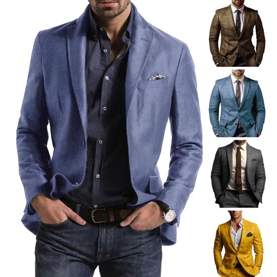 Men Suit Coat Formal Business Style Slim Fit Plaid Print Long Sleeve Single Button Closure Mid Length Straight Cardigan Work Office Coat