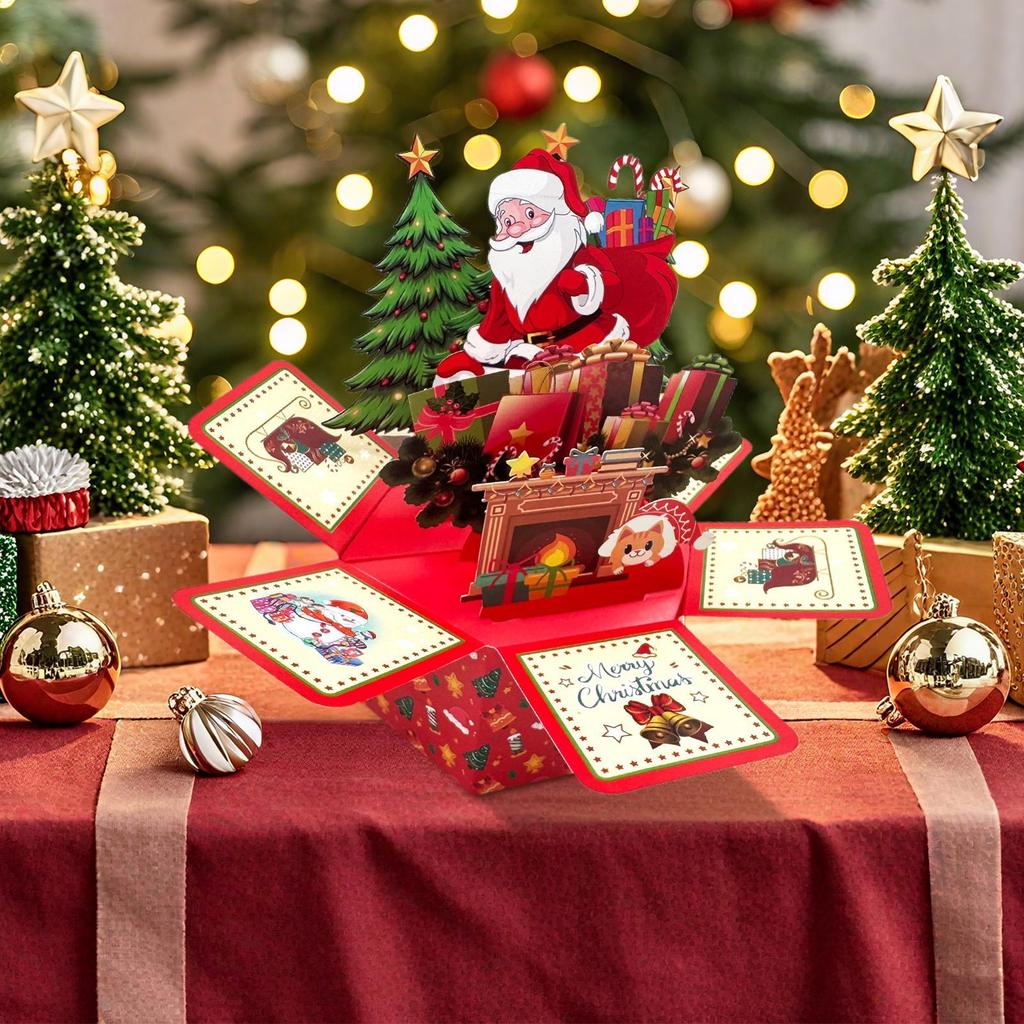 Christmas Cards 3D Popup Festive Santa Greeting Cards Hexagonal Christmas Decor With Envelops Sticky Notes For Desk Showcase