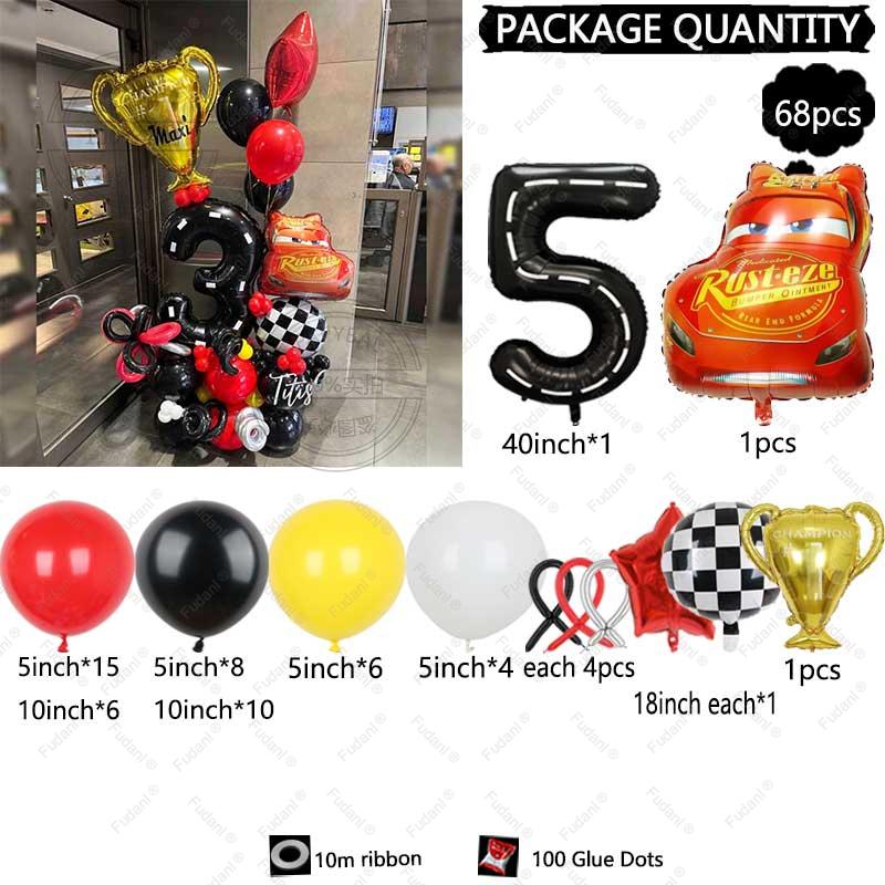 68PCS Cartoon Cars Series Lightning McQueen Red Yellow Black Latex Balloon Set 40inch Number Foil Ball Boy Birthday Party Favors