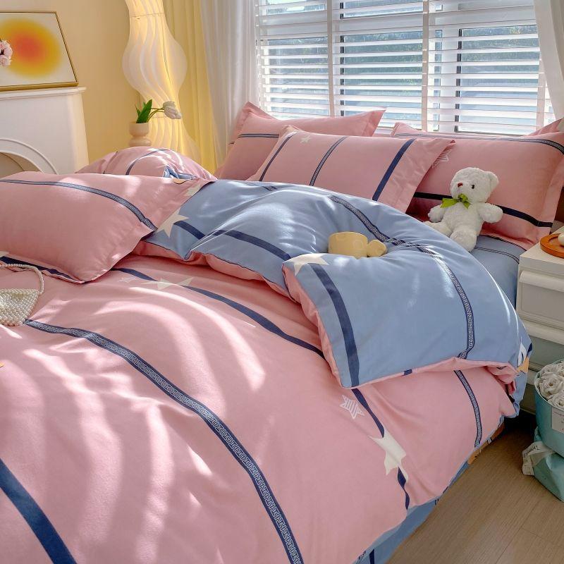Thickened Pure Abraded Four-piece Set, Single Double Skin-friendly Twill Bed Sheet, Quilt Cover, Dormitory Three-piece Set, Bedding