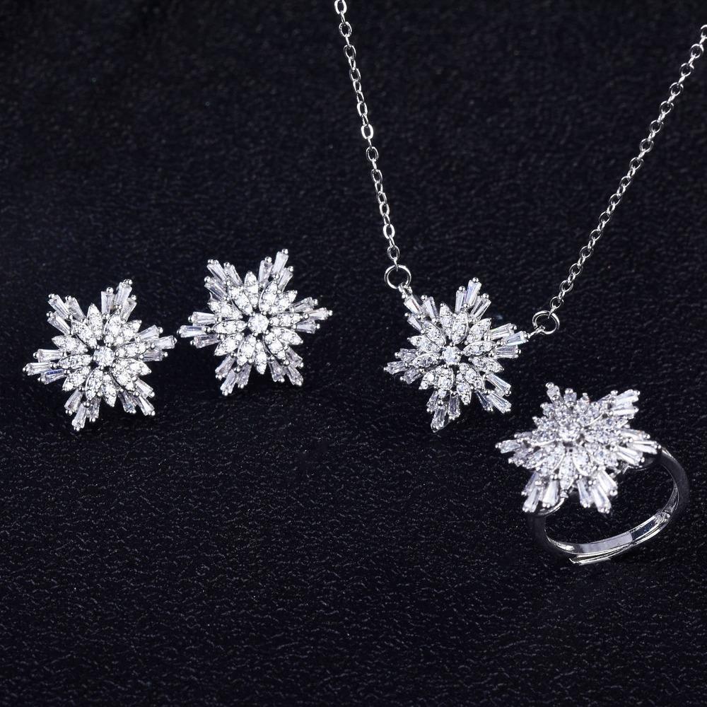 925 Silver Plated Snowflake Pendant Earrings Women Korean Style Jewelry Set Ring