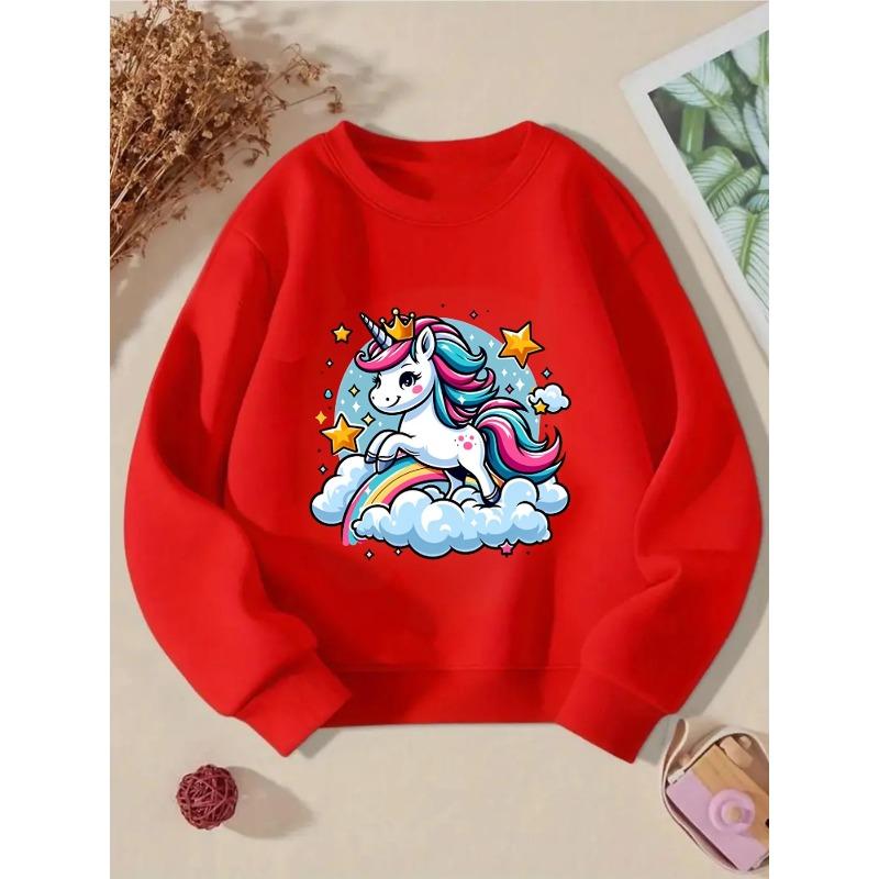 Girls' Crewneck Sweatshirt - Unicorn Rainbow Cloud Stars Crown Magic Machine Washable, Spring And Autumn, Sportswear And Casual Wear