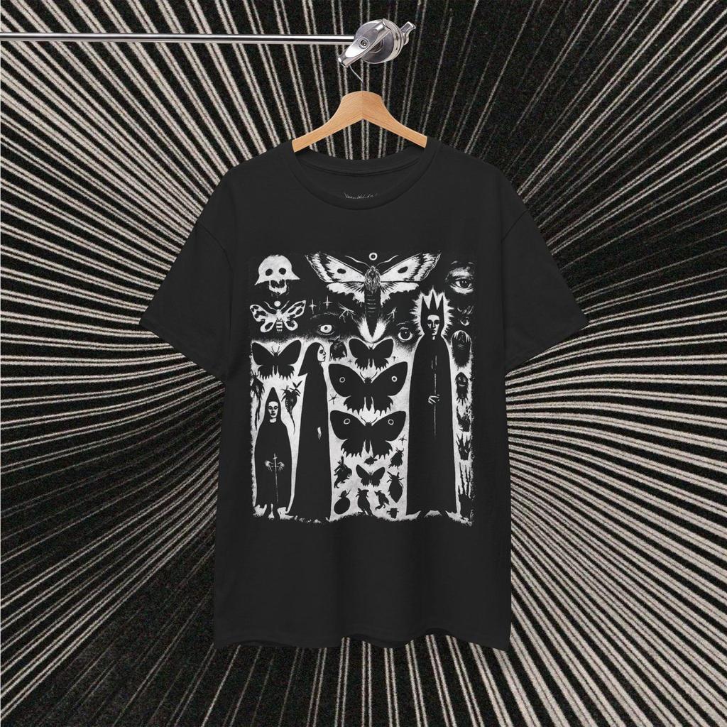 Medieval Cave Drawing Tee, Surreal Abstract Art Shirt, Butterfly Crown Eyes, Witchy Punk Grunge Top, Dark Black White Tshirt, Alternative