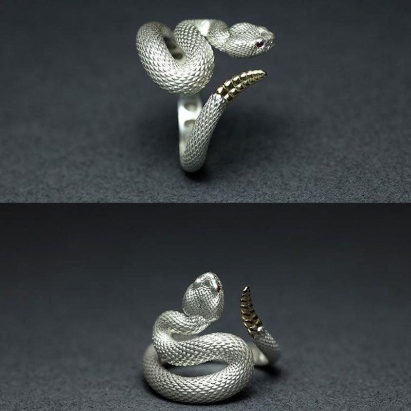 Snake Ring with Tail Copper Rattlesnake Shaped Finger Ring Jewelry Handmade Adjustable Serpent Ring Gift for Men Women