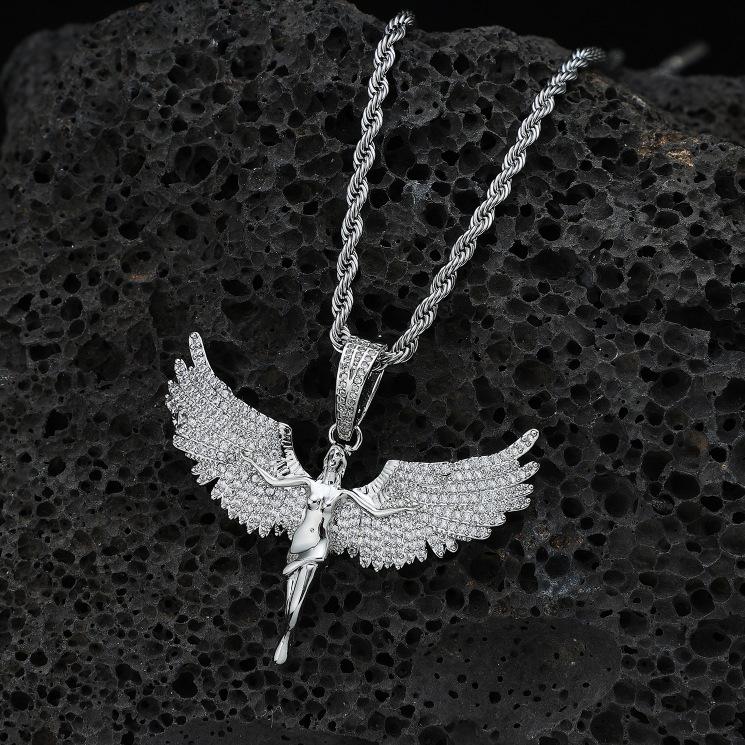 Hip Hop Koperen Set met Zirconia Engelenvleugel Hanger Krokante Ketting Europese en Amerikaanse Modemerk Persoonlijkheid Mannen Ketting