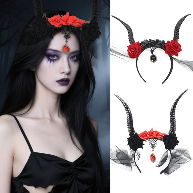 Gothic Devil Horn Headbands With Mesh Veil Decoration Hairband For Cos Parties Halloween Costume Accessories
