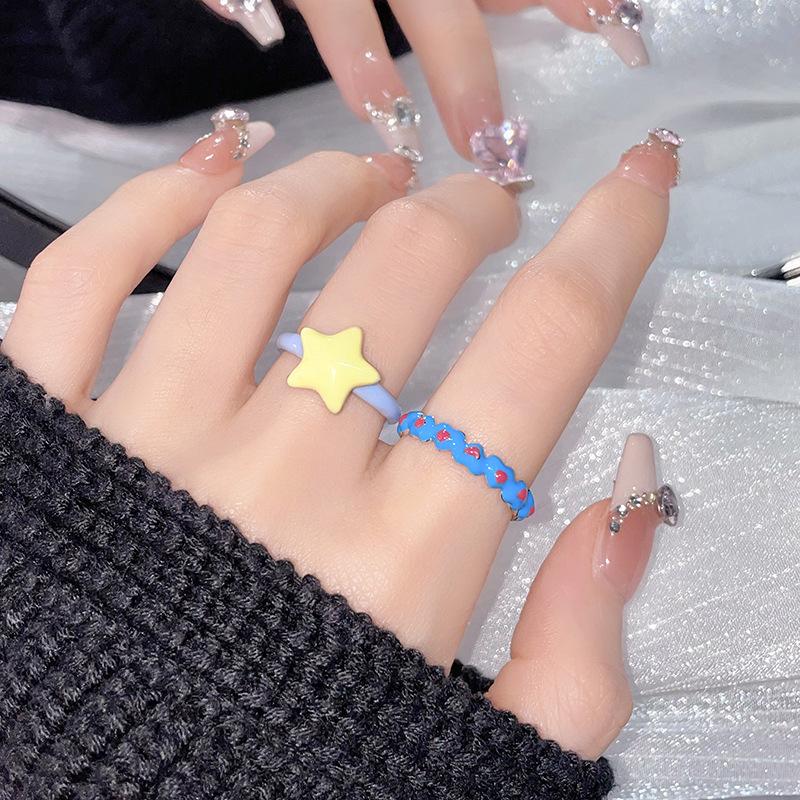 Color Dripping Oil Star Love Dopamine Ring Niche Design Fashion Sweet Cool Open Ring Personality Jewelry Women