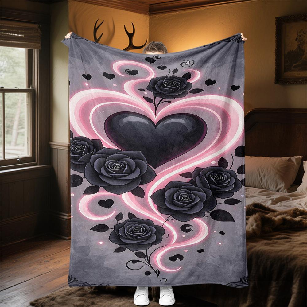 1pc Heart Roses Outdoor Flannel Blanket Soft Warm All-Season Throw for Sofa Bed Car Camping Office, Cozy Gift Idea1275S