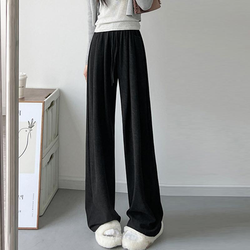 Spring And Autumn Casual Loose Fit Women Regular Wide-Leg Pants Fashion High Waisted Drawstring Trousers with Pockets