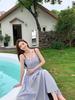Women's Blue Suspender Dress - Summer 2025 French Seaside Holiday Waist-Cinching Long Dress