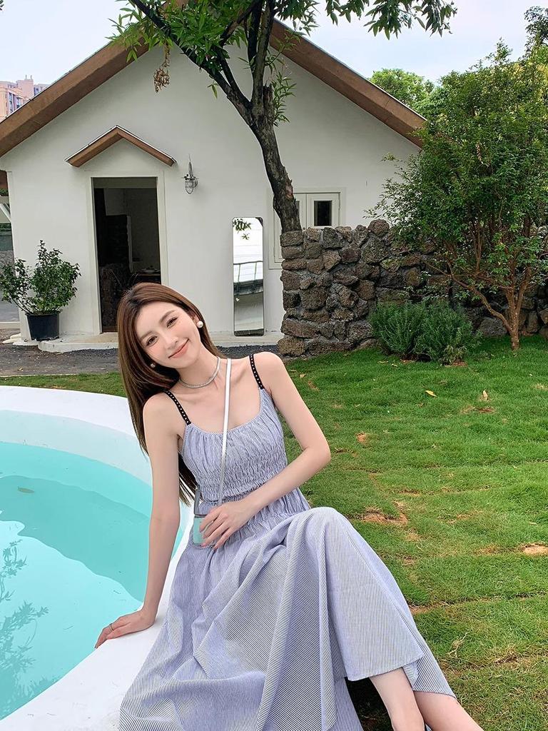 Women's Blue Suspender Dress - Summer 2025 French Seaside Holiday Waist-Cinching Long Dress