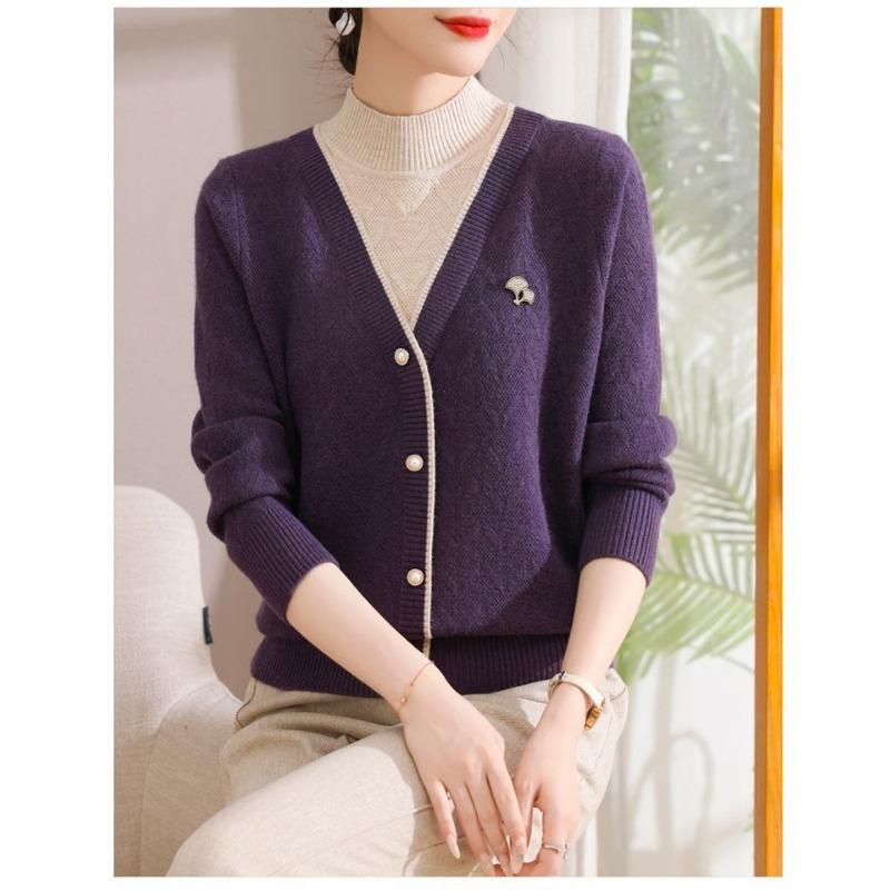 Sweater for Women's Autumn Half Turtleneck Buttons Fashionable Integrated Velvet Base Fake Two-piece Knitted Long-sleeved Top
