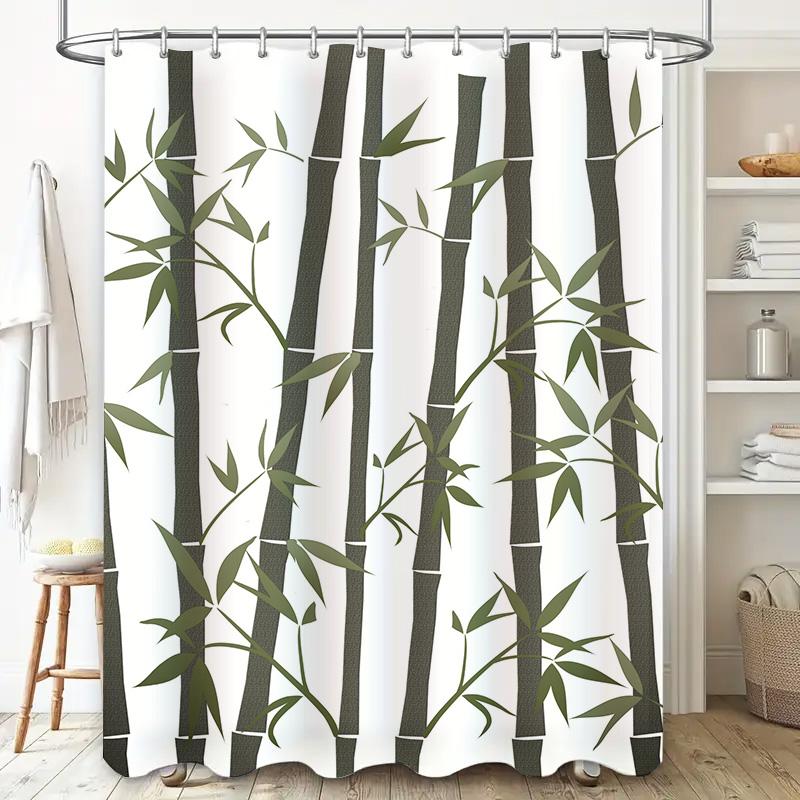 Bamboo Pattern Shower Curtain Waterproof Bathroom Decor Green Leaves Black Rods White Fabric Print Home Accessories Decoration